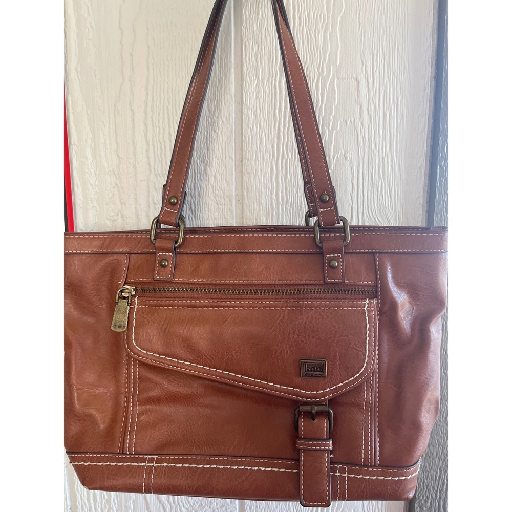 Boc‎ Brown Faux Leather Tote Bag Shoulder Bag Purse With White Stitching